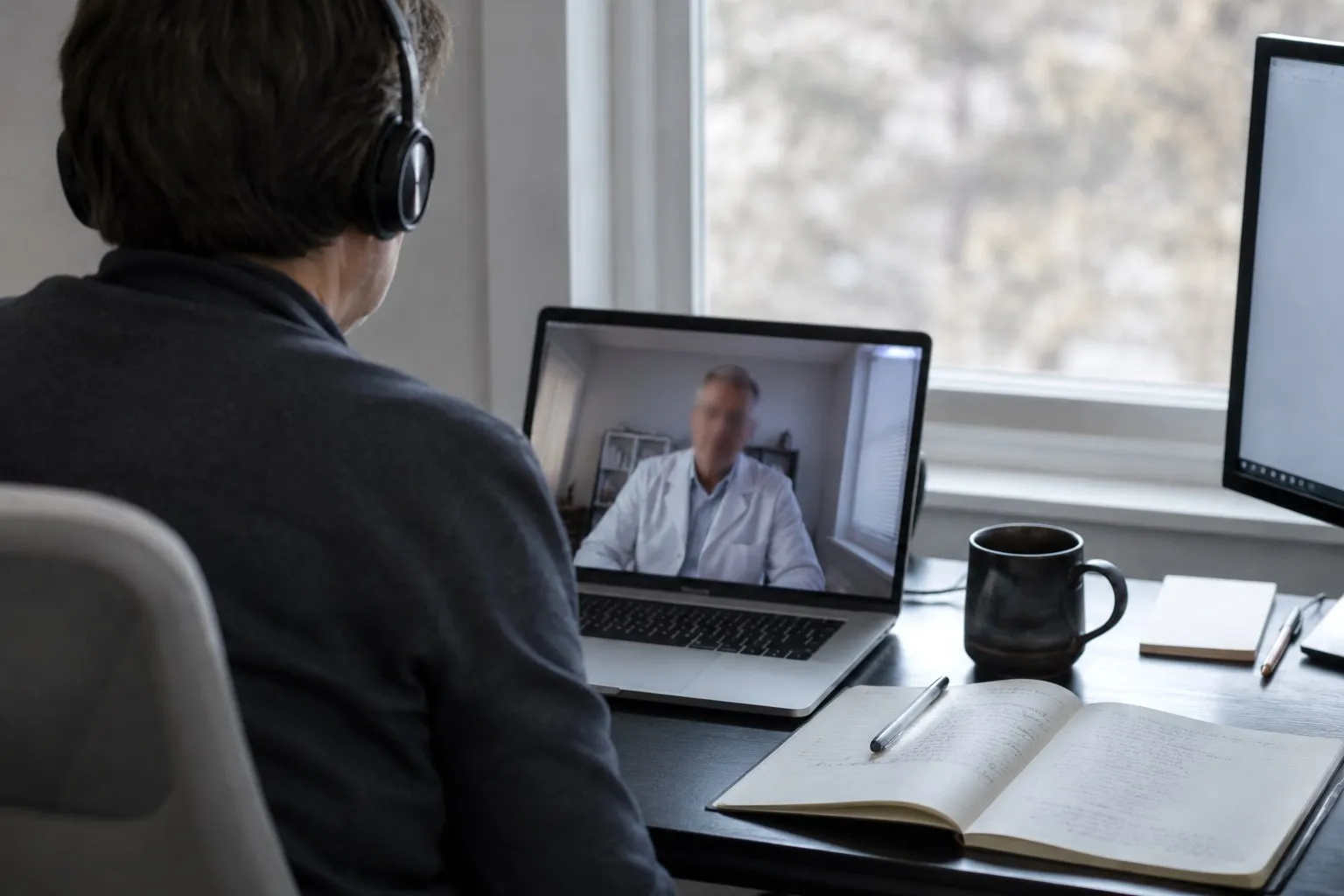 Researcher conducting a tele-depth interview with a physician over video call
