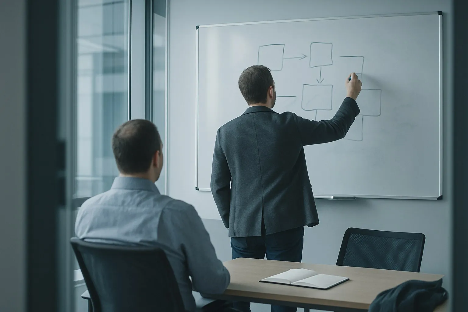 Consultant sketching a research strategy on a whiteboard
